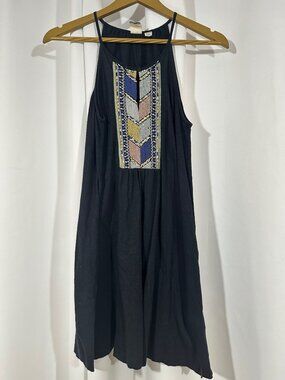 Roxy Embroidered Halter Sundress Size XS Black Cotton Boho Beach Dress Summer